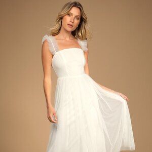 Lulus Divine Invitation White Swiss Dot Ruffled Midi Dress - Size S